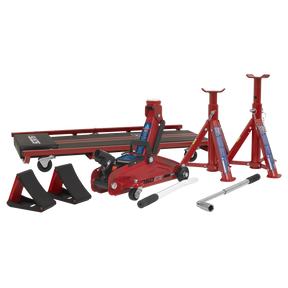 Sealey JKIT01 Lifting Kit (Inc Jack, Axle Stands, Creeper, Chocks & Wrench) 2 Tonne 5pc