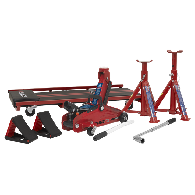 Sealey JKIT01 Lifting Kit (Inc Jack, Axle Stands, Creeper, Chocks & Wrench) 2 Tonne 5pc