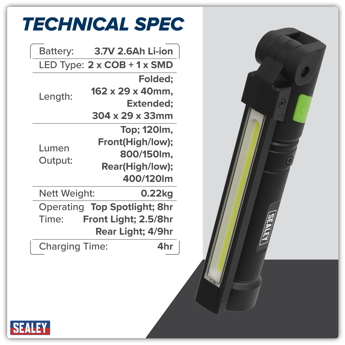 Sealey LED02G Rechargeable Aluminium Folding Pocket Light 2 COB & 1 SMD LED - additional view 16