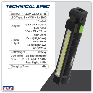 Sealey LED02G Rechargeable Aluminium Folding Pocket Light 2 COB & 1 SMD LED - additional view 16