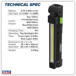 Sealey LED02G Rechargeable Aluminium Folding Pocket Light 2 COB & 1 SMD LED - additional view 17