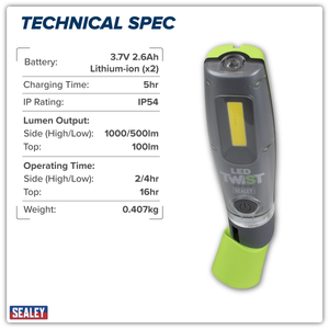 Sealey LED1001G LED Twist® Rechargeable Inspection Light 8W COB & 1W SMD - additional view 9