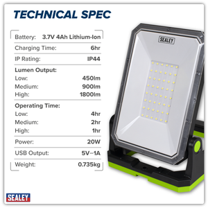 Sealey LED1800PB Rechargeable Portable Floodlight & Power Bank 20W SMD LED - additional view 9