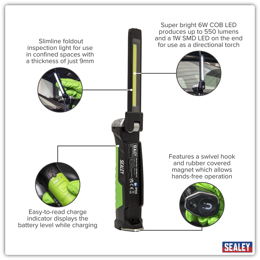Sealey LED186 Rechargeable Slim Folding Inspection Light 6W COB LED & 1W SMD LED Lithium-ion - additional view 10