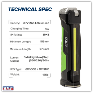 Sealey LED186 Rechargeable Slim Folding Inspection Light 6W COB LED & 1W SMD LED Lithium-ion - additional view 13