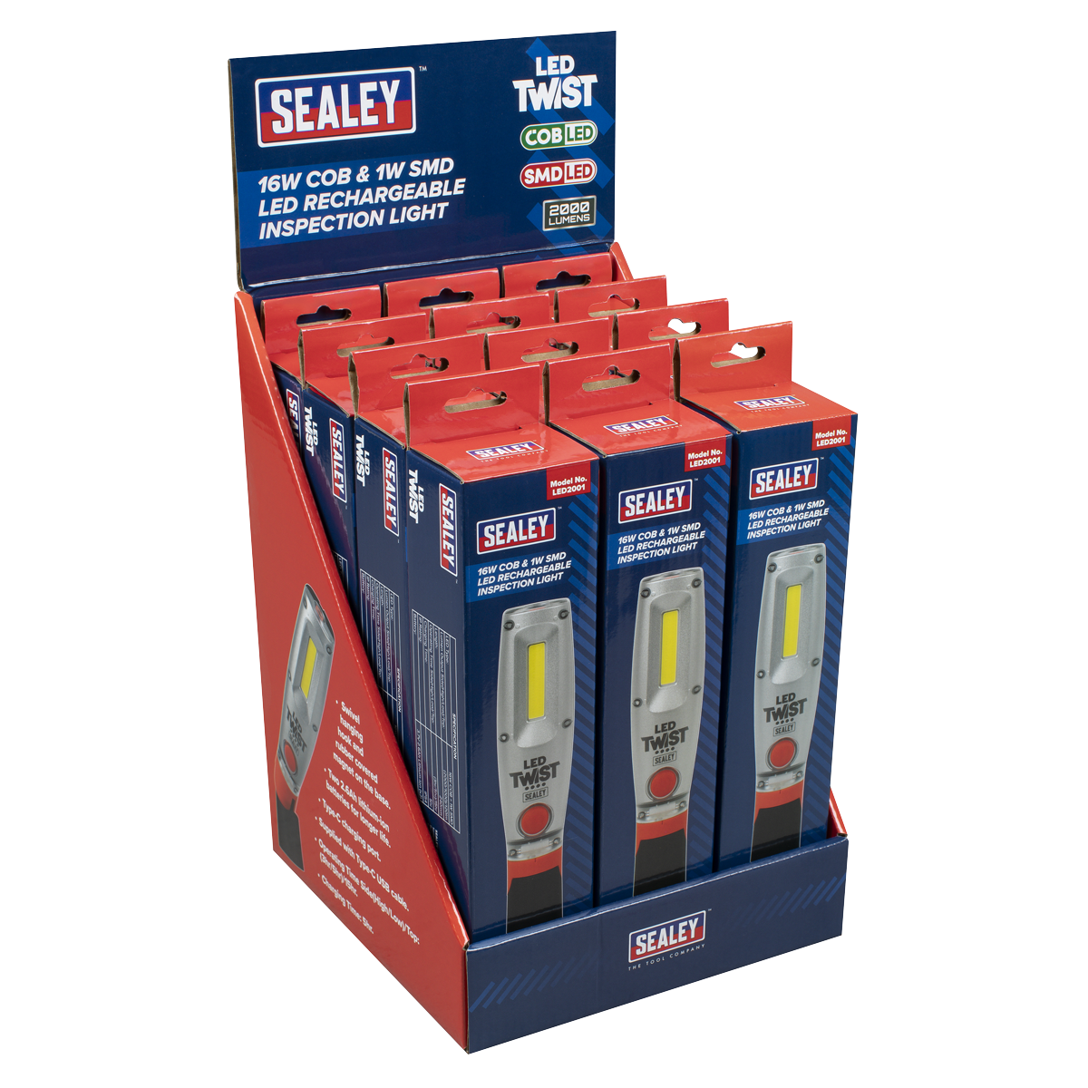 Sealey LED2001DB LED Twist® Rechargeable Inspection Light 16W COB & 1W SMD LED - Display Box of 12