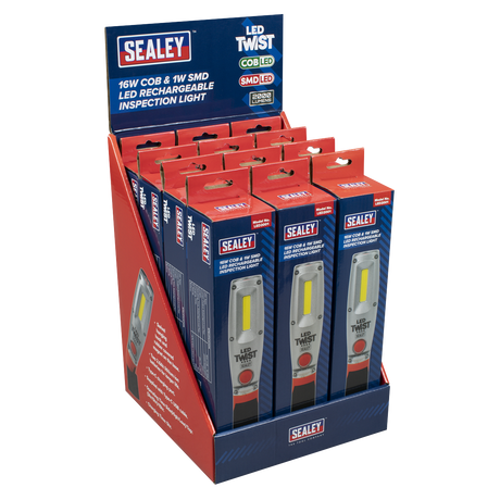 Sealey LED2001DB LED Twist® Rechargeable Inspection Light 16W COB & 1W SMD LED - Display Box of 12
