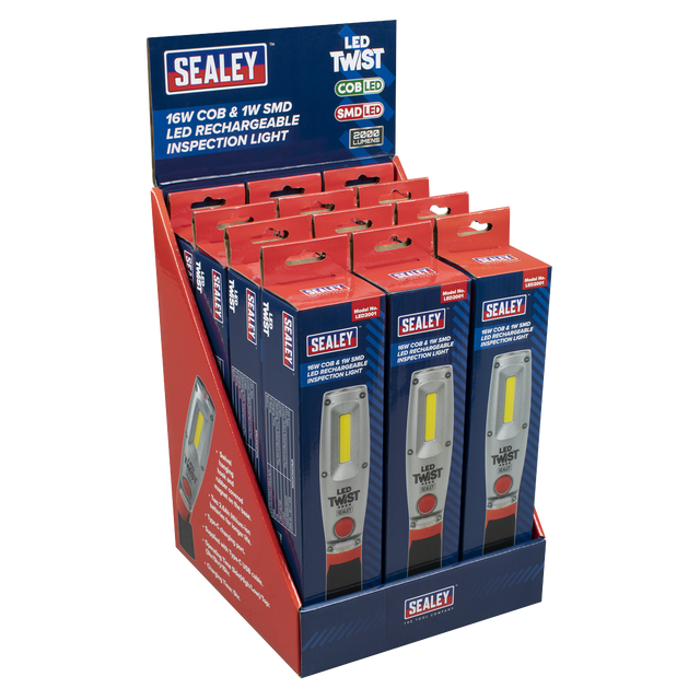 Sealey LED2001DB LED Twist® Rechargeable Inspection Light 16W COB & 1W SMD LED - Display Box of 12