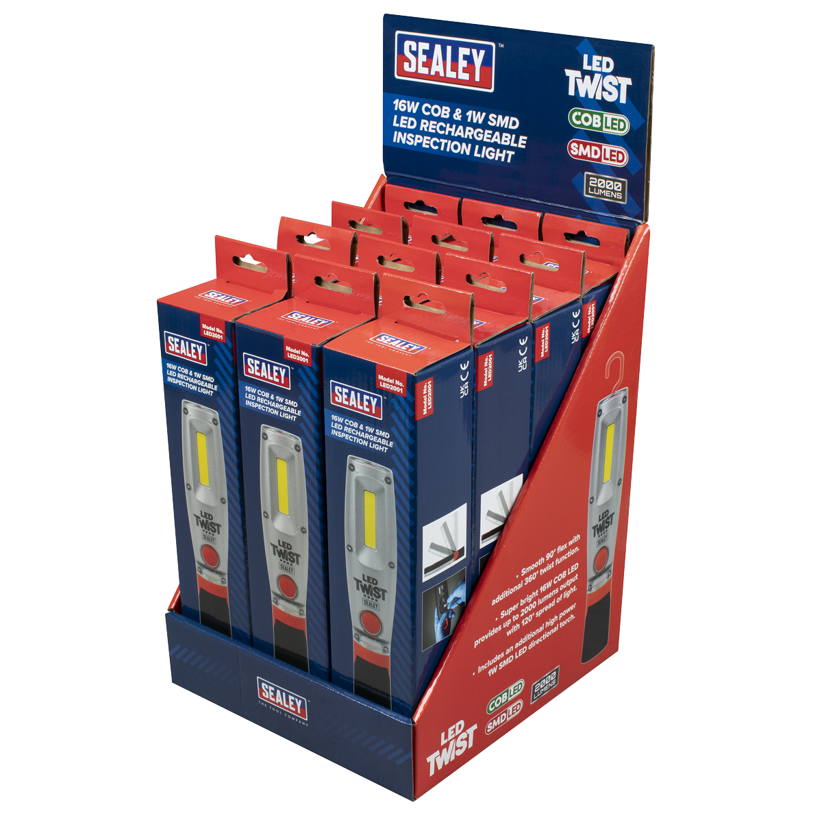 Sealey LED2001DB LED Twist® Rechargeable Inspection Light 16W COB & 1W SMD LED - Display Box of 12 - additional view 2