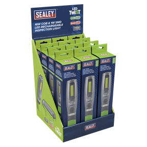 Sealey LED2001GDB LED Twist® Rechargeable Inspection Light 16W COB & 1W SMD LED, Green - Display Box of 12