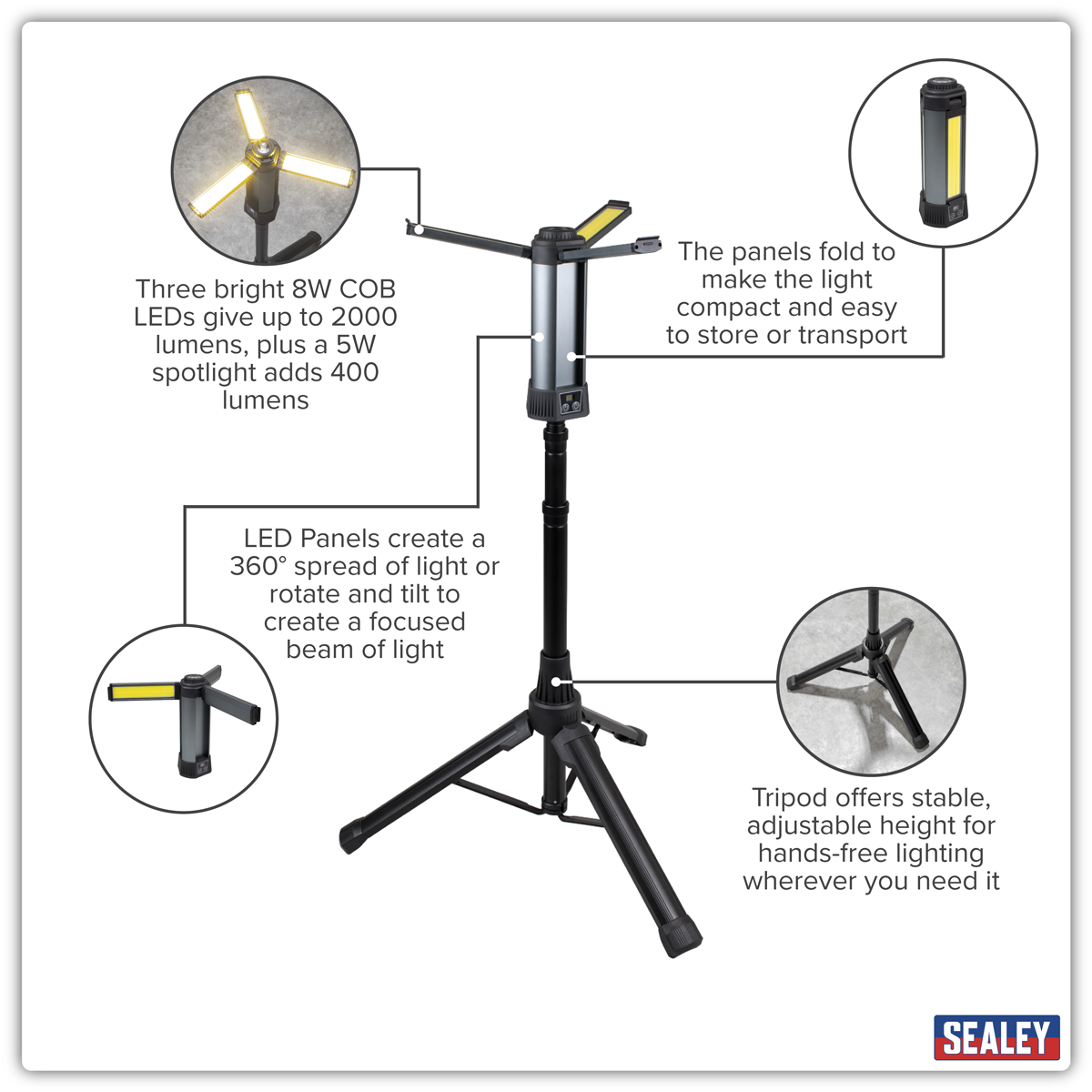Sealey LED240 Rechargeable Flexible Floodlight with Tripod 24W COB LED & 5W SMD LED - additional view 22