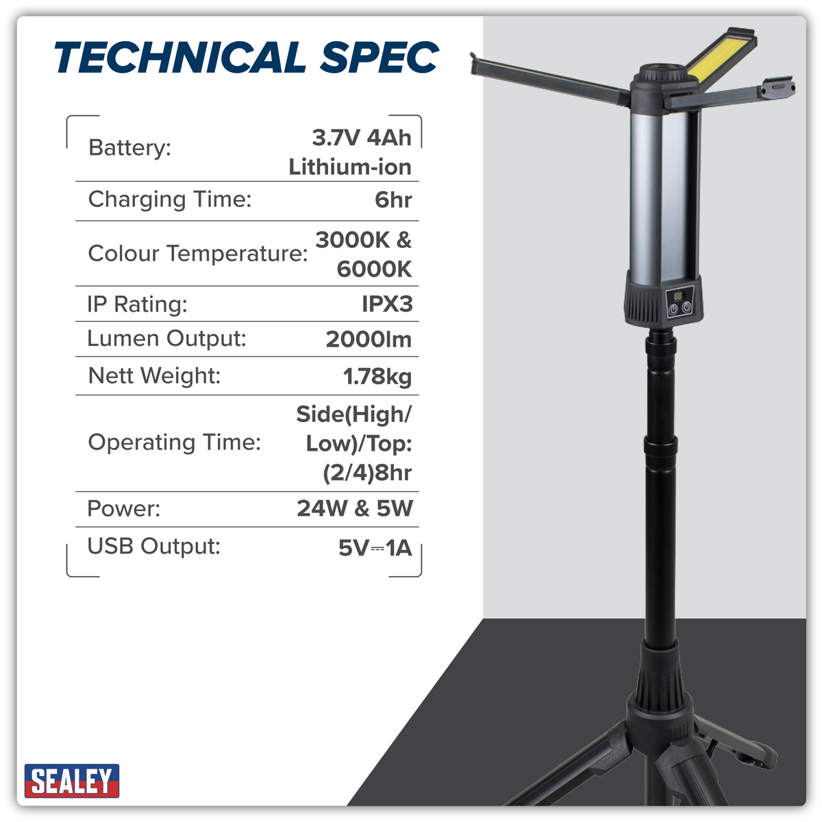 Sealey LED240 Rechargeable Flexible Floodlight with Tripod 24W COB LED & 5W SMD LED - additional view 20