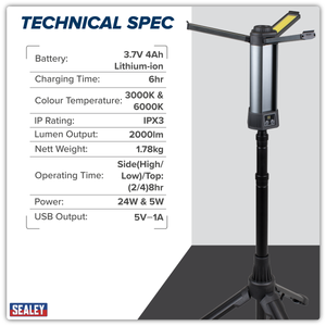 Sealey LED240 Rechargeable Flexible Floodlight with Tripod 24W COB LED & 5W SMD LED - additional view 20