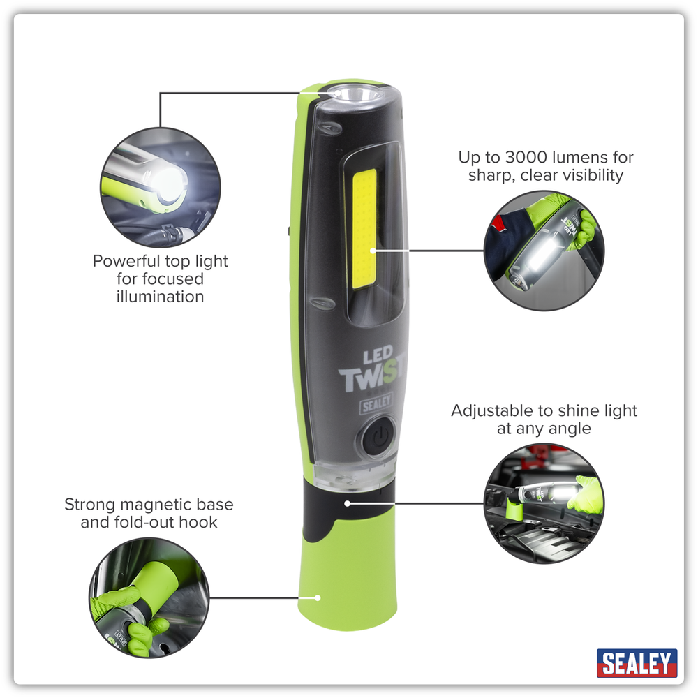 Sealey LED3001G Rechargeable LED Twist® Inspection Light 20W COB + 3W SMD, 3000lm, Magnetic Base & Power - additional view 13