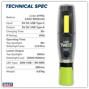 Sealey LED3001G Rechargeable LED Twist® Inspection Light 20W COB + 3W SMD, 3000lm, Magnetic Base & Power - additional view 16