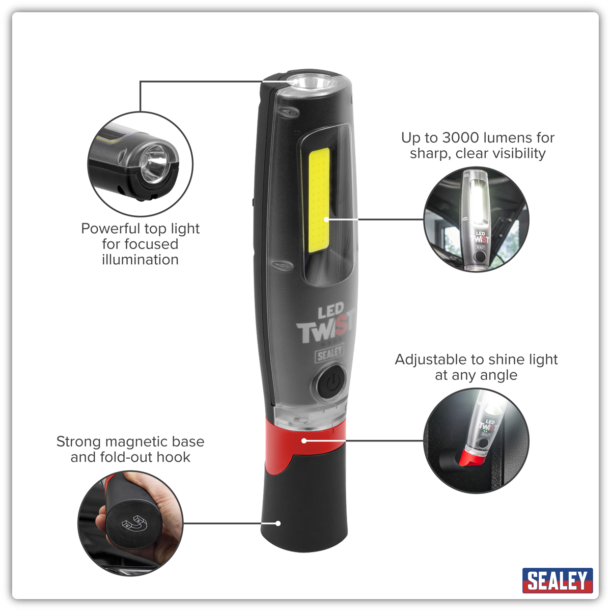 Sealey LED3001 Rechargeable LED Twist® Inspection Light 20W COB & 3W SMD, 3000lm, Magnetic Base & Power - additional view 3