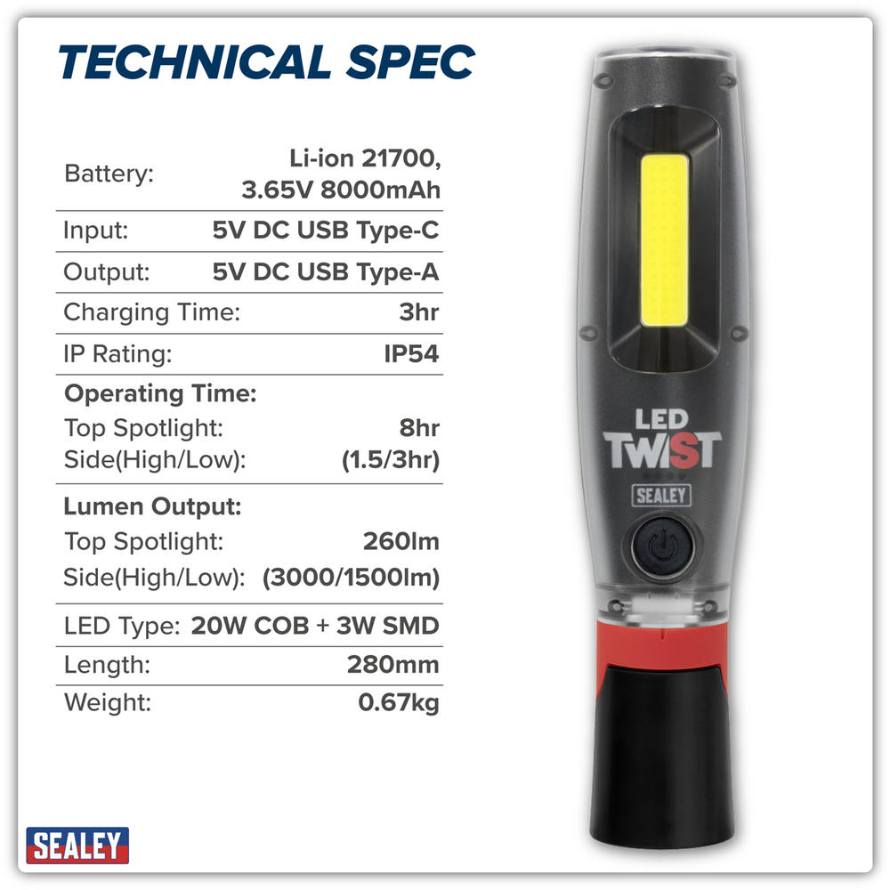 Sealey LED3001 Rechargeable LED Twist® Inspection Light 20W COB & 3W SMD, 3000lm, Magnetic Base & Power - additional view 5