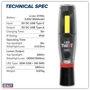 Sealey LED3001 Rechargeable LED Twist® Inspection Light 20W COB & 3W SMD, 3000lm, Magnetic Base & Power - additional view 5