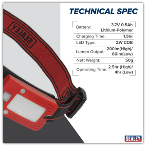 Sealey LED360HTR Rechargeable Head Torch with Auto-Sensor 2W COB LED - Red - additional view 10