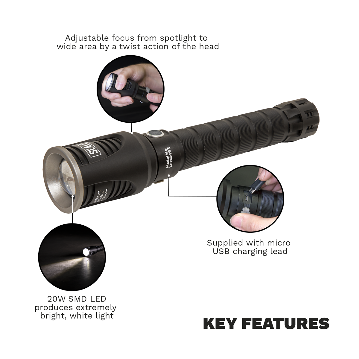 Sealey LED4493 Rechargeable Aluminium Torch with Adjustable Focus 20W SMD LED - additional view 9