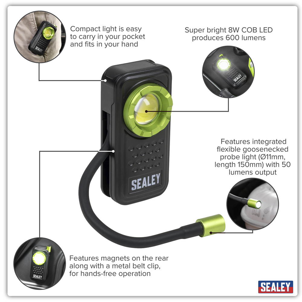 Sealey LED600FX Pocket Light with Flexi Inspection Light 8W COB LED & 1W SMD LED - additional view 11