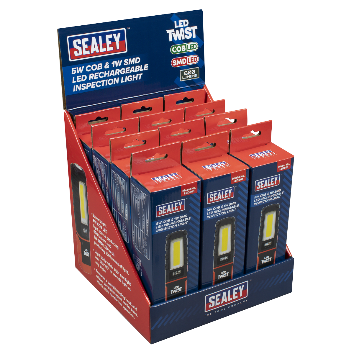Sealey LED601DB LED Twist® Rechargeable Inspection Light 5W COB & 1W SMD - Display Box of 12