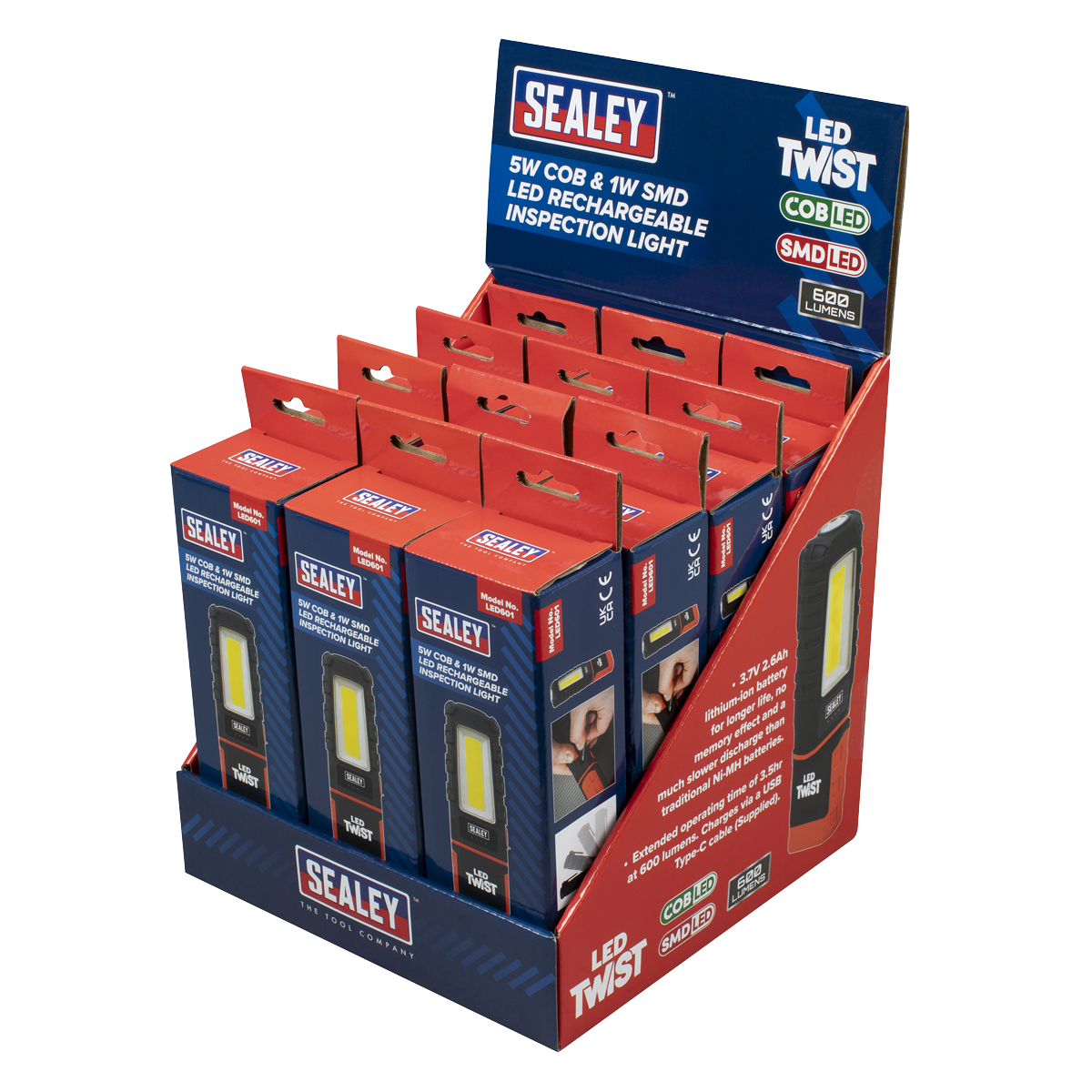 Sealey LED601DB LED Twist® Rechargeable Inspection Light 5W COB & 1W SMD - Display Box of 12 - additional view 2