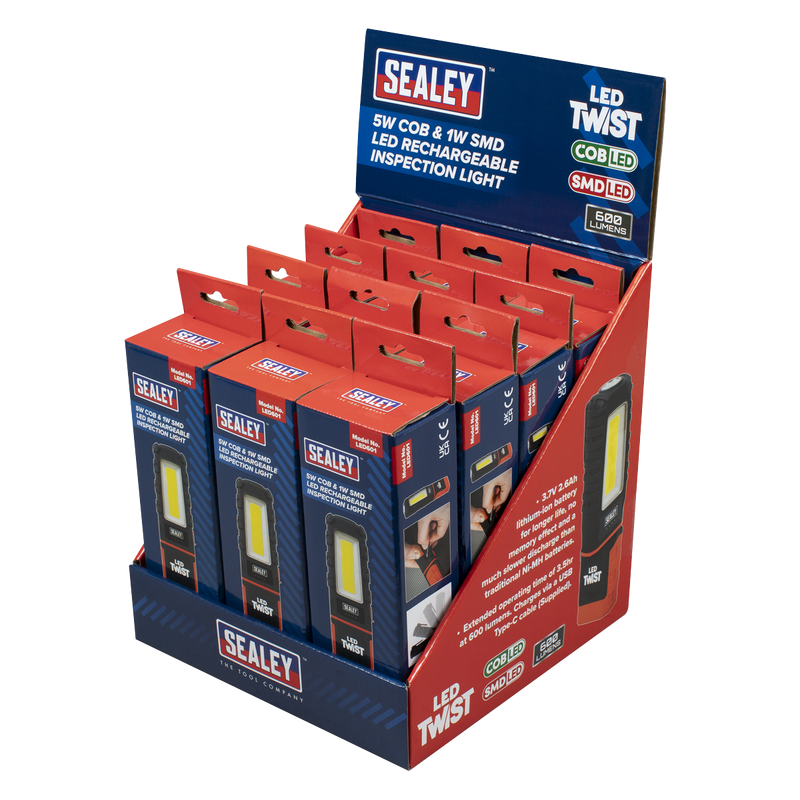 Sealey LED601DB LED Twist® Rechargeable Inspection Light 5W COB & 1W SMD - Display Box of 12 - additional view 2
