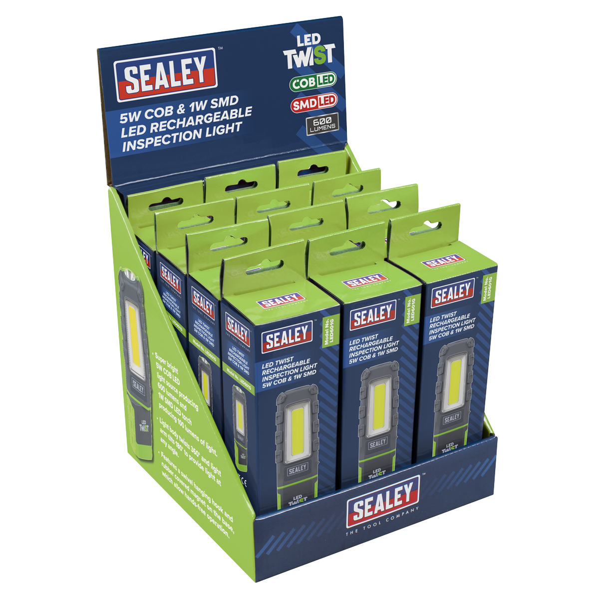 Sealey LED601GDB LED Twist® Rechargeable Inspection Light, Green - Box of 12