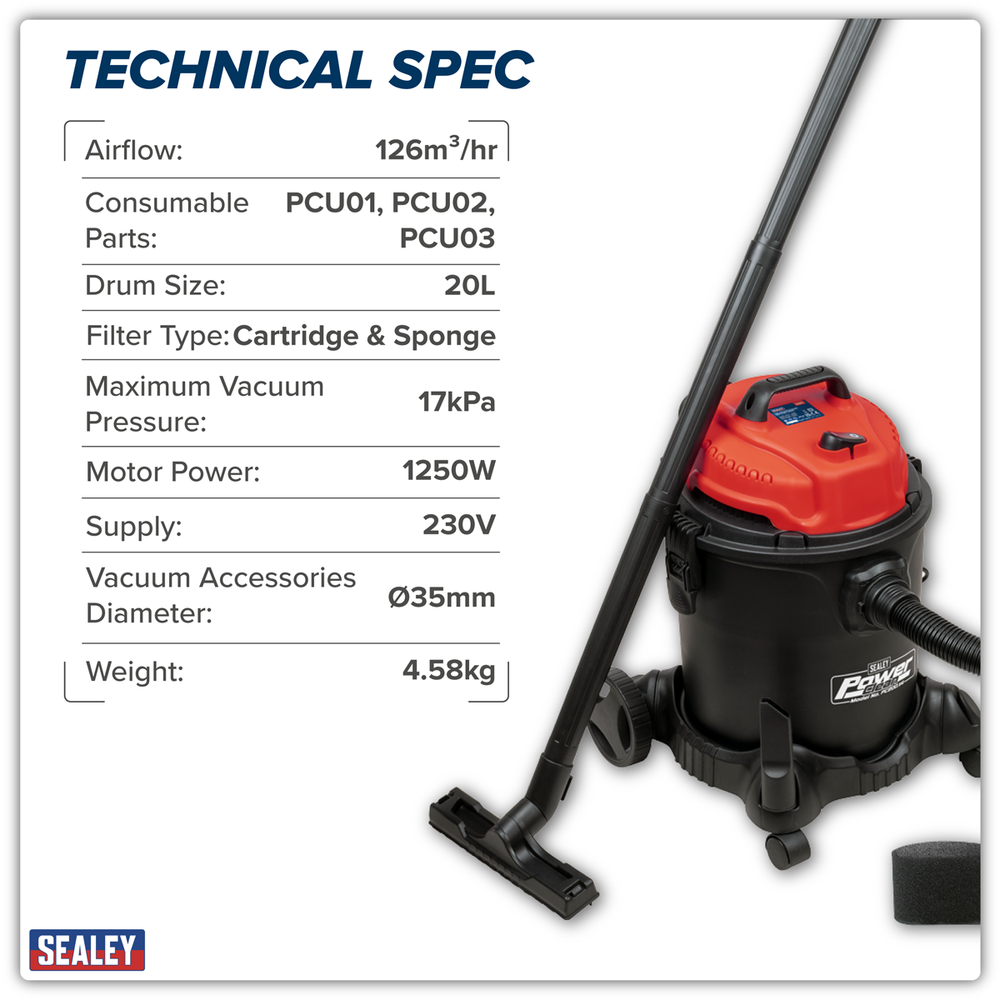 Sealey PC200 20L Vacuum Cleaner Wet & Dry 1250W/230V - additional view 7
