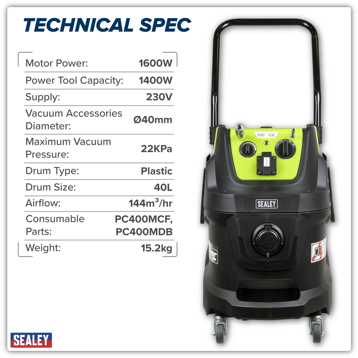 Sealey PC400MA M Class Dust-Free Industrial Wet & Dry Vacuum Cleaner 40L with Autostart for Air/Electric - additional view 3