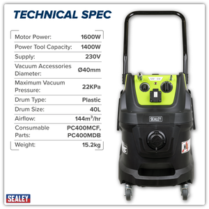 Sealey PC400MA M Class Dust-Free Industrial Wet & Dry Vacuum Cleaner 40L with Autostart for Air/Electric - additional view 3