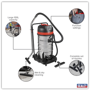 Sealey PC4100 100L Vacuum Cleaner Wet & Dry with Stainless Steel Drum 3000W/230V - additional view 4