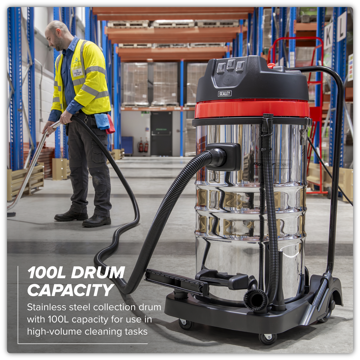 Sealey PC4100 100L Vacuum Cleaner Wet & Dry with Stainless Steel Drum 3000W/230V - additional view 5