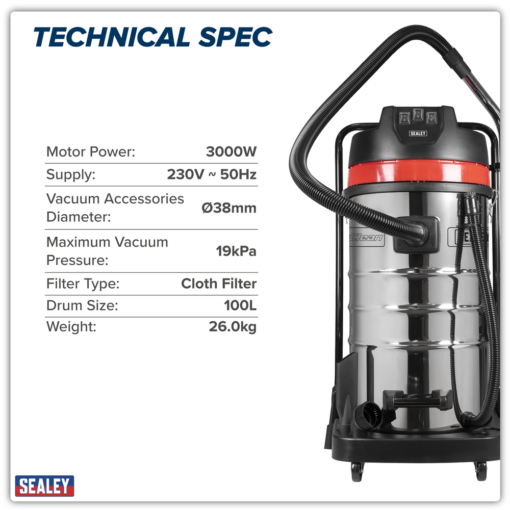 Sealey PC4100 100L Vacuum Cleaner Wet & Dry with Stainless Steel Drum 3000W/230V - additional view 7