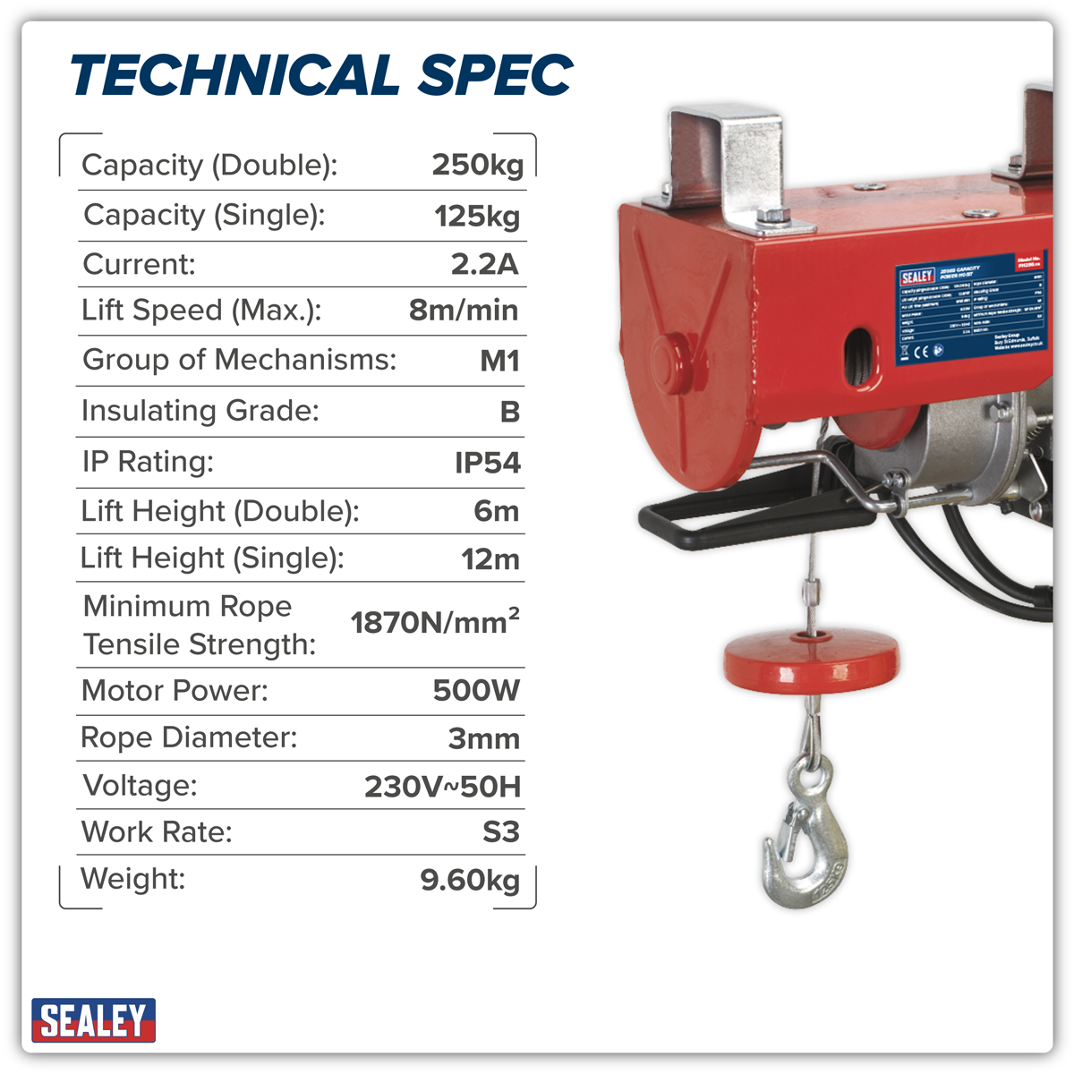 Sealey PH250 Power Hoist 250kg Capacity 230V - additional view 2