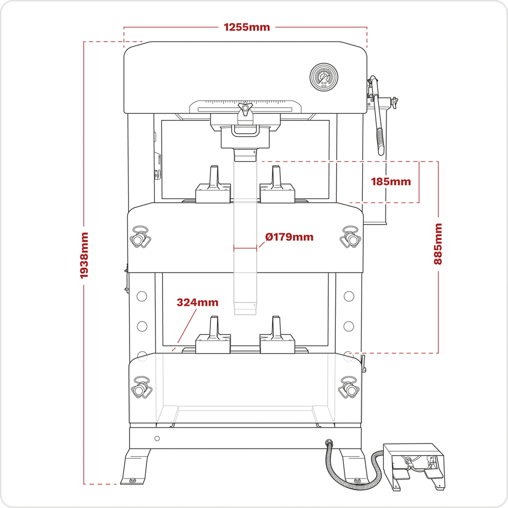 Sealey PPF100S Viking Floor Type Air/Hydraulic Press with Sliding Ram & Foot Pedal 100 Tonne - additional view 16