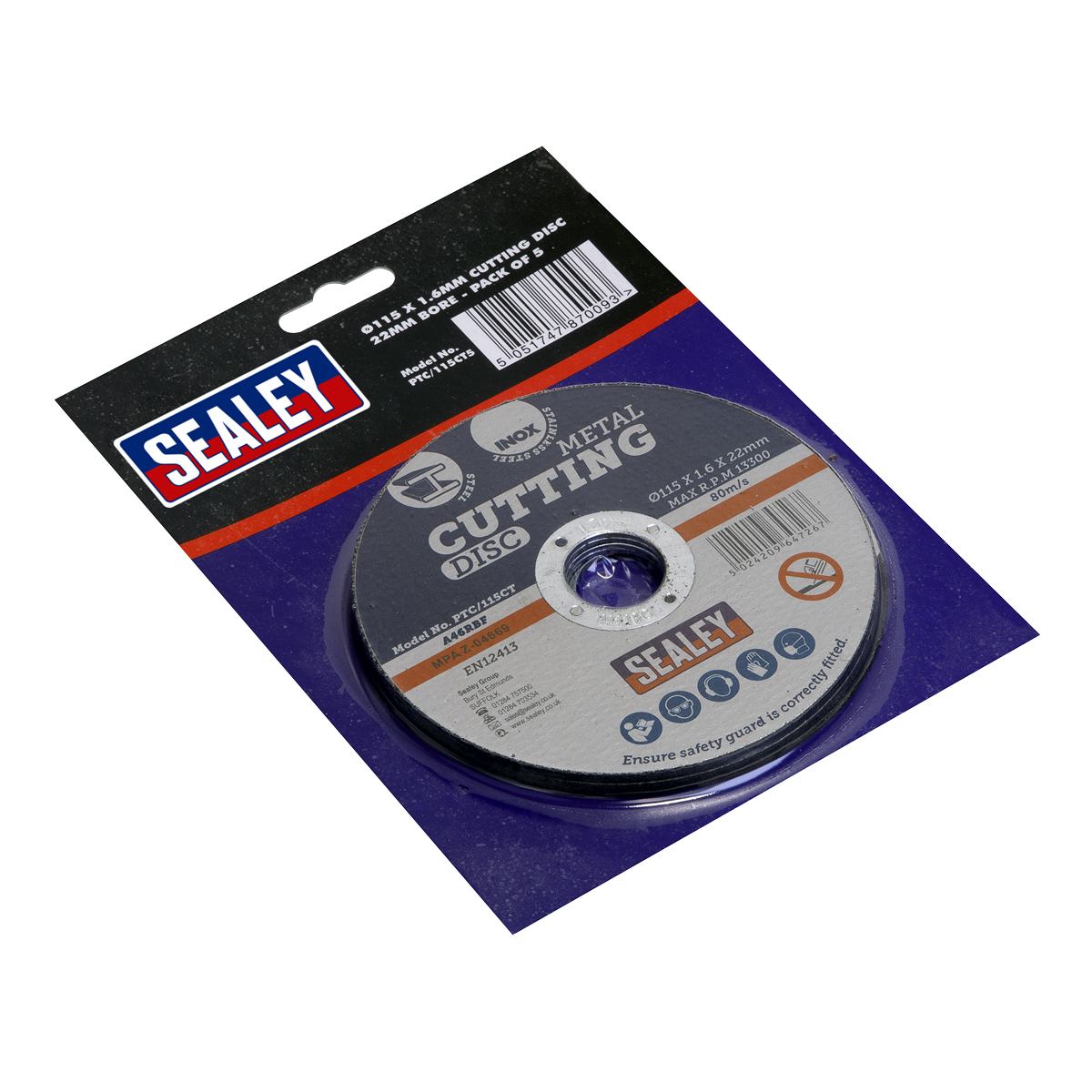 Sealey PTC/115CT5 115 x 1.6mm Cutting Disc 22mm Bore - Pack of 5 - additional view 3