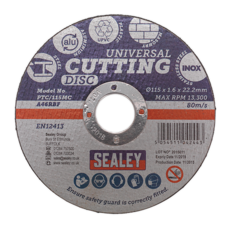 Sealey PTC/115MC 115 x 1.6mm Universal Cutting Disc 22mm Bore