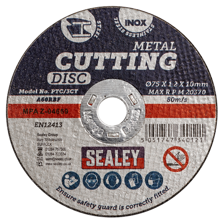 Sealey PTC/3CT10 75 x 1.2mm Cutting Disc 10mm Bore - Pack of 10 - additional view 2
