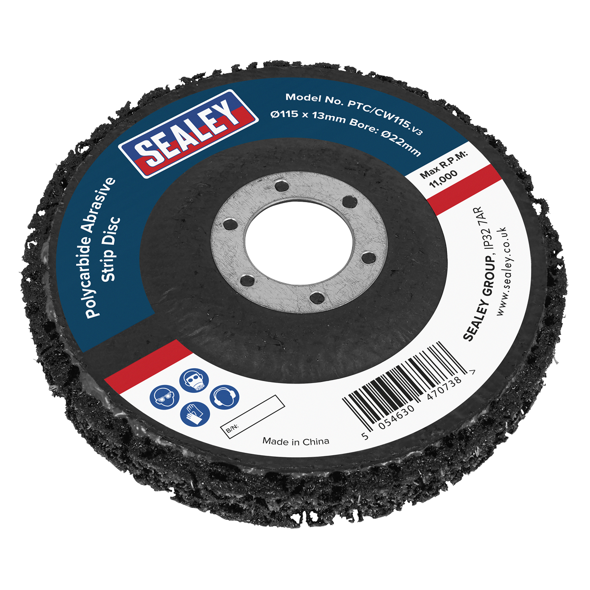 Sealey PTC/CW115 115 x 13mm Polycarbide Abrasive Strip Disc 22mm Bore - Black