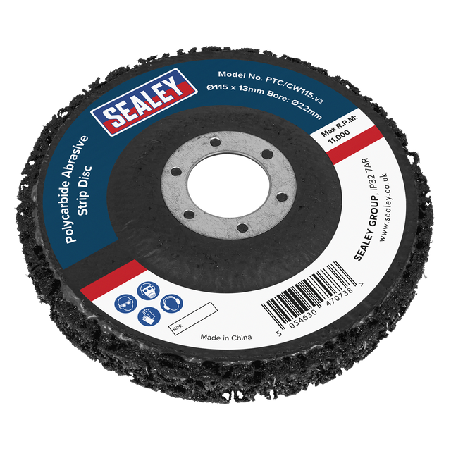 Sealey PTC/CW115 115 x 13mm Polycarbide Abrasive Strip Disc 22mm Bore - Black