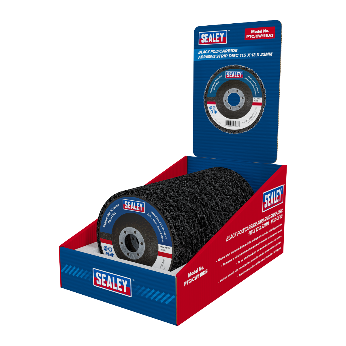 Sealey PTC/CW115DB 115 x 13mm Black Polycarbide Abrasive Strip Disc 22mm Bore - Display Box of 10