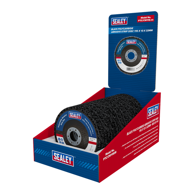 Sealey PTC/CW115DB 115 x 13mm Black Polycarbide Abrasive Strip Disc 22mm Bore - Display Box of 10