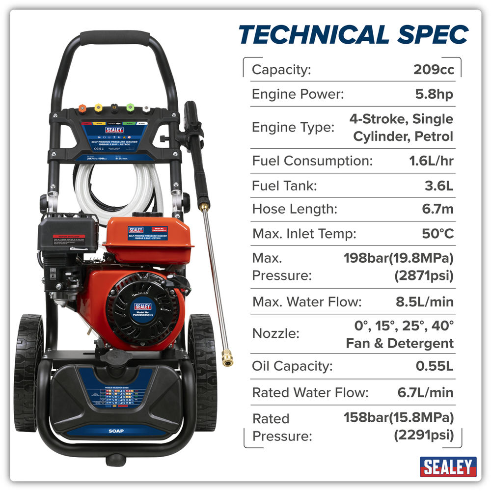 Sealey PWM2500SP Pressure Washer 198bar 513L/hr Self-Priming 5.8hp Petrol - additional view 9