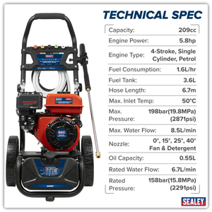 Sealey PWM2500SP Pressure Washer 198bar 513L/hr Self-Priming 5.8hp Petrol - additional view 9