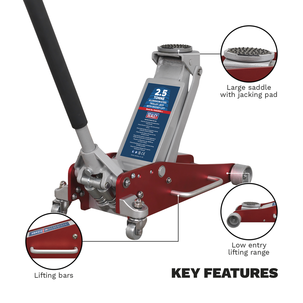 Sealey RJAS2500 Aluminium/Steel Trolley Jack with Rocket Lift 2.5 Tonne - additional view 8