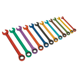 Sealey S01075 Siegen Multi-Coloured Combination Ratchet Spanner Set 12pc
