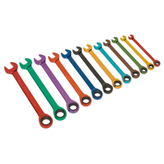 Sealey S01075 Siegen Multi-Coloured Combination Ratchet Spanner Set 12pc