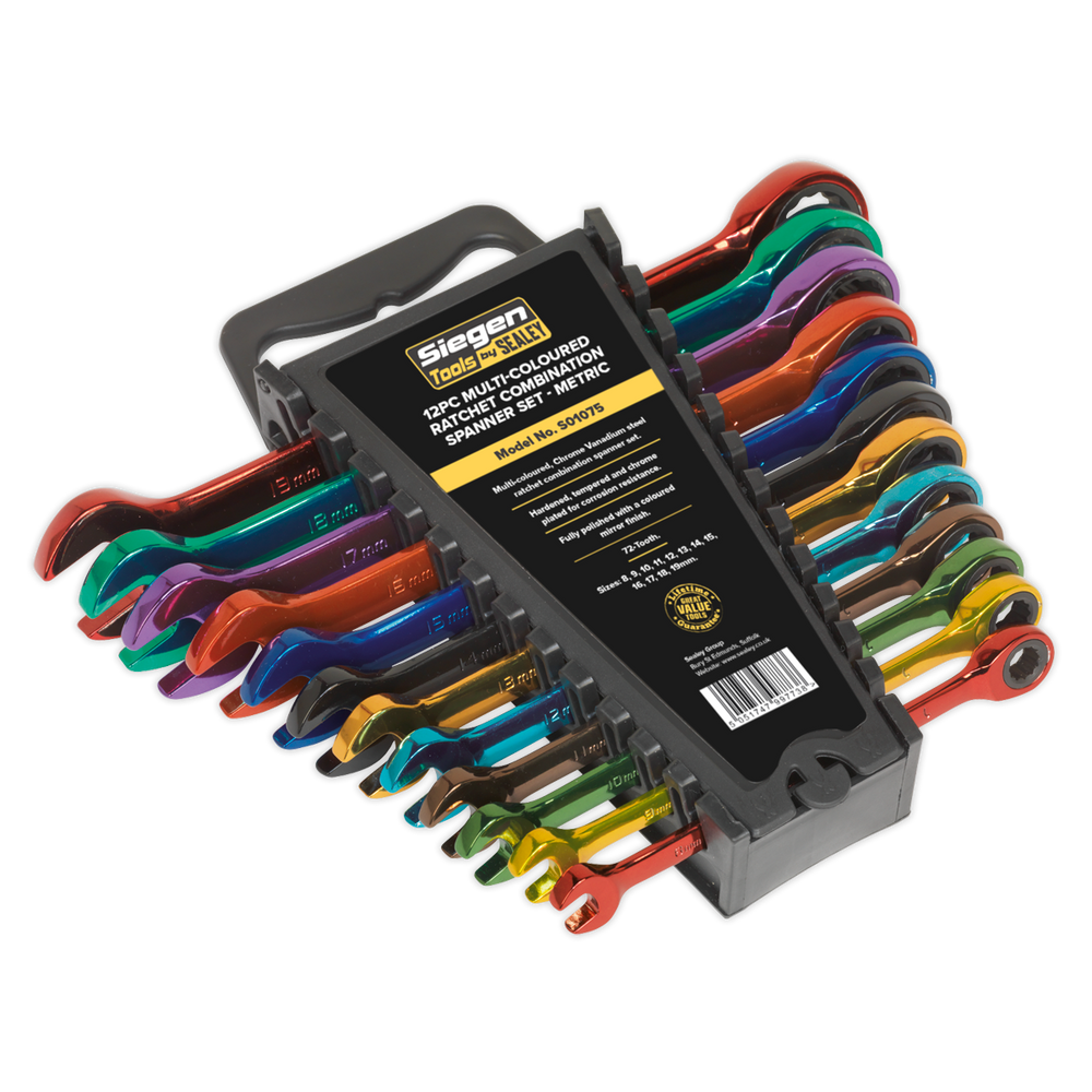 Sealey S01075 Siegen Multi-Coloured Combination Ratchet Spanner Set 12pc - additional view 3